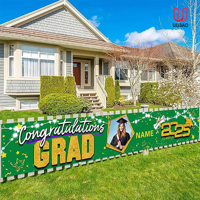 UUBAO Custom Graduation Party Decorations 2025 Personalization Congrats Grad Banner Graduation Backdrop(Dark Green and Gold)
