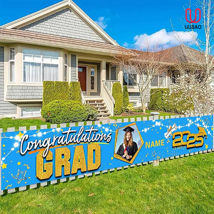 UUBAO Custom Graduation Party Decorations 2025 Personalization Congrats Grad Banner Graduation Backdrop(Sky Blue and Gold)