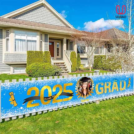 UUBAO Custom Graduation Party Decorations 2025 Personalization Congrats Grad Banner Graduation Backdrop(Sky Blue and Gold)