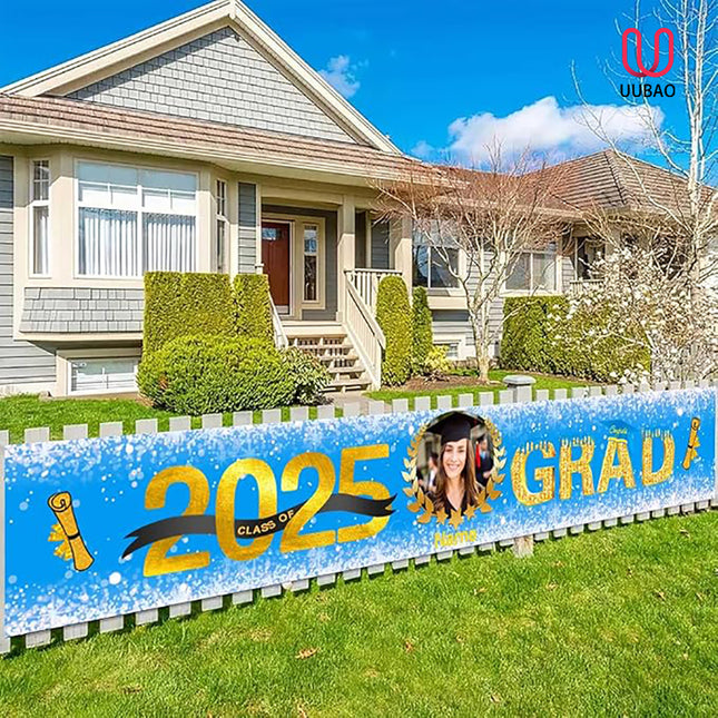 UUBAO Custom Graduation Party Decorations 2025 Personalization Congrats Grad Banner Graduation Backdrop(Sky Blue and Gold)