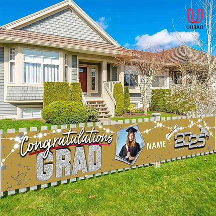 UUBAO Custom Graduation Party Decorations 2025 Personalization Congrats Grad Banner Graduation Backdrop(Champagne and Silver)