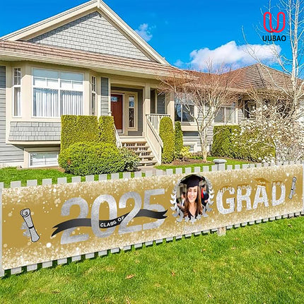 UUBAO Custom Graduation Party Decorations 2025 Personalization Congrats Grad Banner Graduation Backdrop(Champagne and Silver)