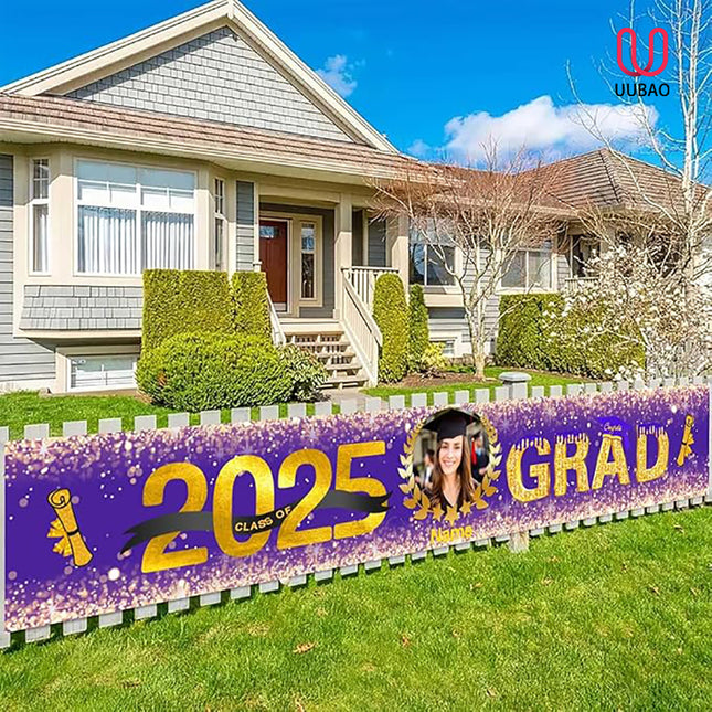 UUBAO Custom Graduation Party Decorations 2025 Personalization Congrats Grad Banner Graduation Backdrop(Purple and Gold)