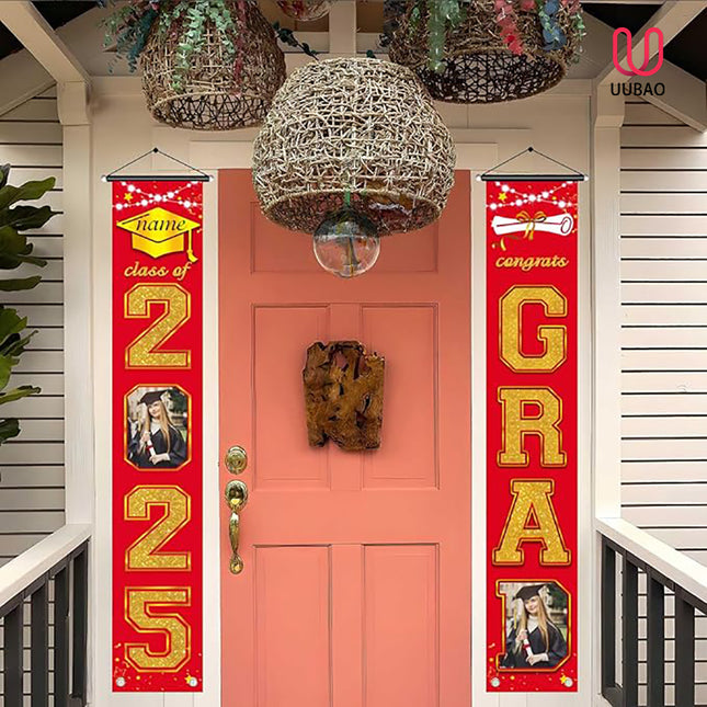 UUBAO Custom Graduation Party Decorations 2025 Personalization Congrats Grad Banner Graduation Front Door Porch Sign Backdrop(Red and Gold)