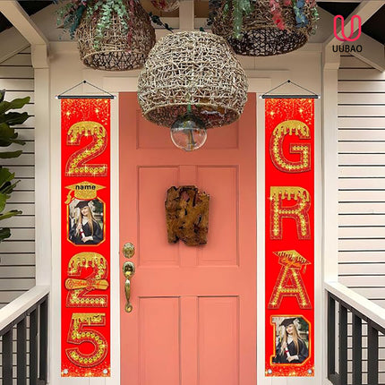 UUBAO Custom Graduation Party Decorations 2025 Personalization Congrats Grad Banner Graduation Front Door Porch Sign Backdrop(Red and Gold)
