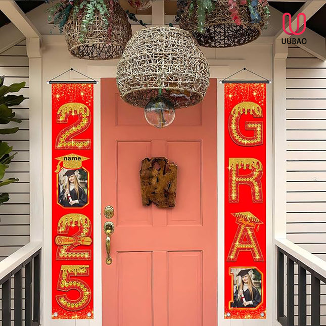 UUBAO Custom Graduation Party Decorations 2025 Personalization Congrats Grad Banner Graduation Front Door Porch Sign Backdrop(Red and Gold)