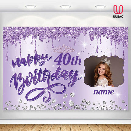 UUBAO Custom Happy Birthday Backdrop Personalization Glitter DiamondBanner for Girls Women(Purple)