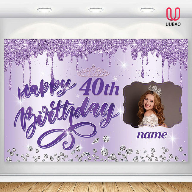 UUBAO Custom Happy Birthday Backdrop Personalization Glitter DiamondBanner for Girls Women(Purple)