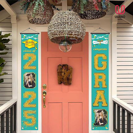 UUBAO Custom Graduation Party Decorations 2025 Personalization Congrats Grad Banner Graduation Front Door Porch Sign Backdrop(Peacock Blue and Gold)