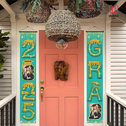 UUBAO Custom Graduation Party Decorations 2025 Personalization Congrats Grad Banner Graduation Front Door Porch Sign Backdrop(Peacock Blue and Gold)
