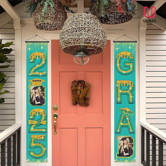 UUBAO Custom Graduation Party Decorations 2025 Personalization Congrats Grad Banner Graduation Front Door Porch Sign Backdrop(Peacock Blue and Gold)