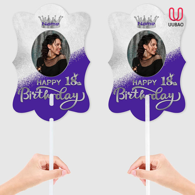 UUBAO Custom Happy Birthday Face Cutout Fans Personalized Photo Prop Signs for Birthday Party(Purple and Silver)