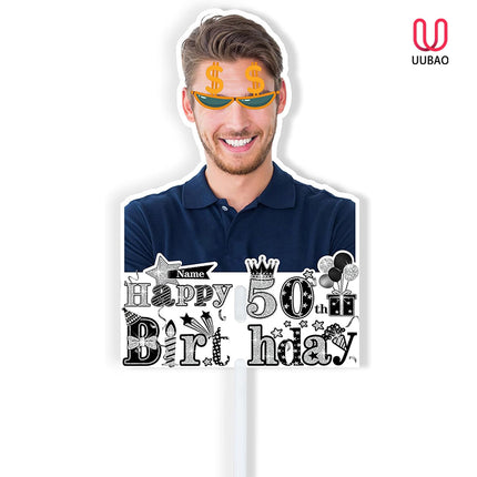UUBAO Personalized Double Sided Happy Birthday Photo Prop Face Fan Customized Birthday Fun Supplies(Black and Silver)