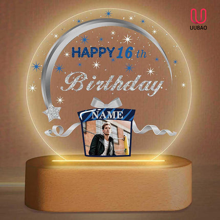 UUBAO Personalized Happy Birthday Night Light Gift with Photo Customized Acrylic Lamp for Her Mom Daughter Grandma Nana(Navy Blue and Silver)