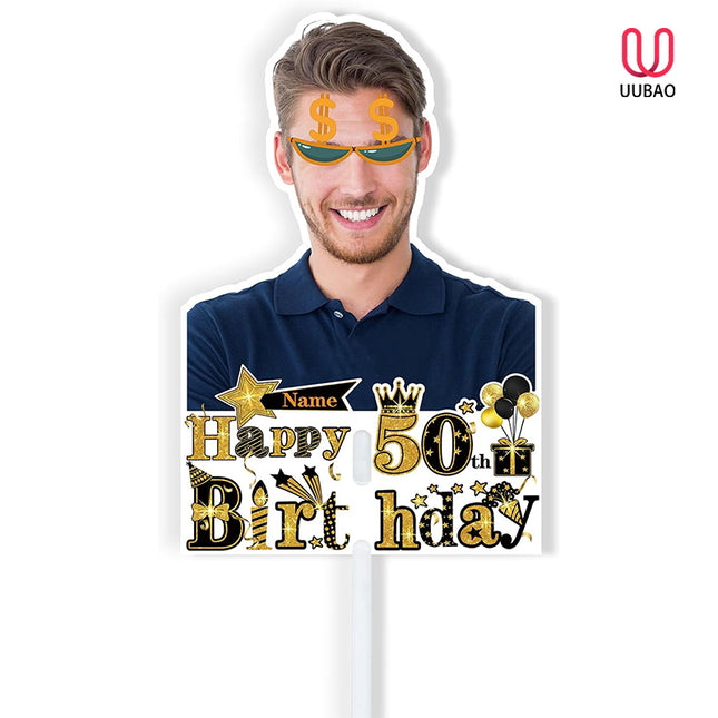 UUBAO Personalized Double Sided Happy Birthday Photo Prop Face Fan Customized Birthday Fun Supplies(Black and Gold)