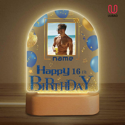 UUBAO Personalized Happy Birthday Night Light Gift with Photo Customized Acrylic Lamp for Her Mom Daughter Grandma Nana(Blue and Gold)