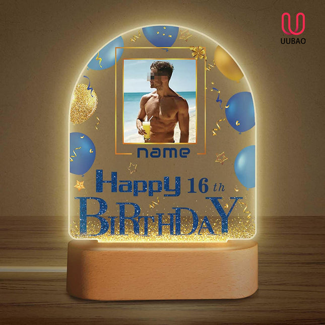 UUBAO Personalized Happy Birthday Night Light Gift with Photo Customized Acrylic Lamp for Her Mom Daughter Grandma Nana(Blue and Gold)