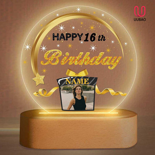 UUBAO Personalized Happy Birthday Night Light Gift with Photo Customized Acrylic Lamp for Her Mom Daughter Grandma Nana(Black and Gold)