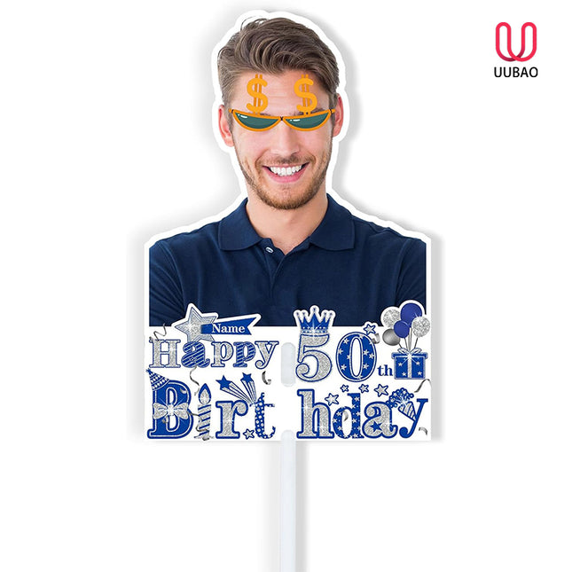 UUBAO Personalized Double Sided Happy Birthday Photo Prop Face Fan Customized Birthday Fun Supplies(Blue and Silver)