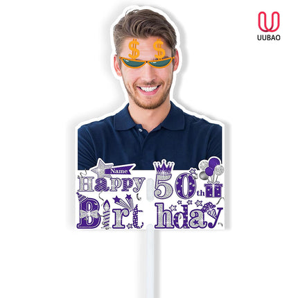 UUBAO Personalized Double Sided Happy Birthday Photo Prop Face Fan Customized Birthday Fun Supplies(Purple and Silver)