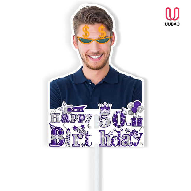 UUBAO Personalized Double Sided Happy Birthday Photo Prop Face Fan Customized Birthday Fun Supplies(Purple and Silver)