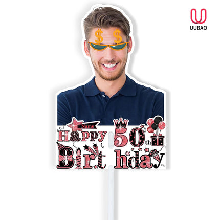 UUBAO Personalized Double Sided Happy Birthday Photo Prop Face Fan Customized Birthday Fun Supplies(Rose Gold Pink)