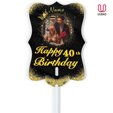 UUBAO Personalized Double Sided Happy Birthday Photo Prop Face Fan Customized Birthday Fun Supplies(Black and Gold)