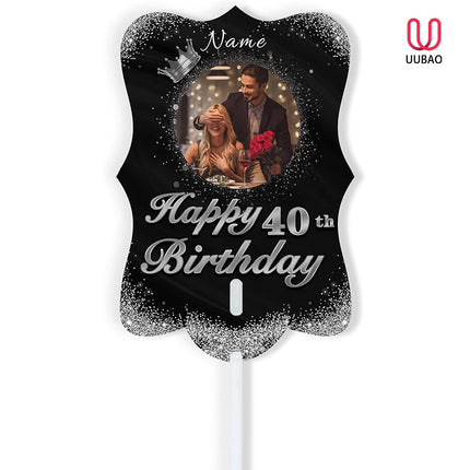 UUBAO Personalized Double Sided Happy Birthday Photo Prop Face Fan Customized Birthday Fun Supplies(Black and Silver)