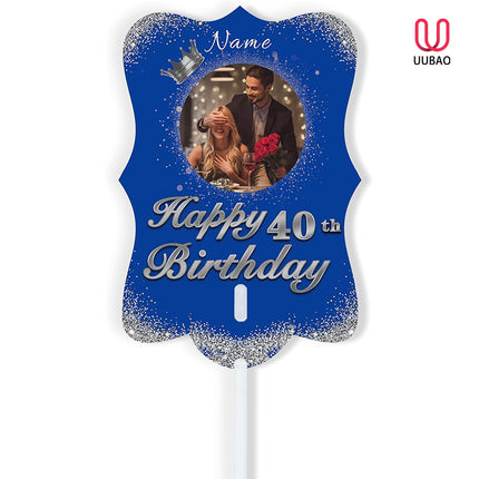 UUBAO Personalized Double Sided Happy Birthday Photo Prop Face Fan Customized Birthday Fun Supplies(Blue and Silver)