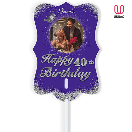 UUBAO Personalized Double Sided Happy Birthday Photo Prop Face Fan Customized Birthday Fun Supplies(Purple and Silver)