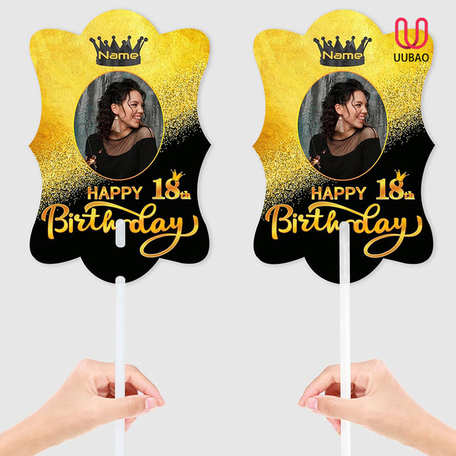 UUBAO Custom Happy Birthday Face Cutout Fans Personalized Photo Prop Signs for Birthday Party(Black and Gold)
