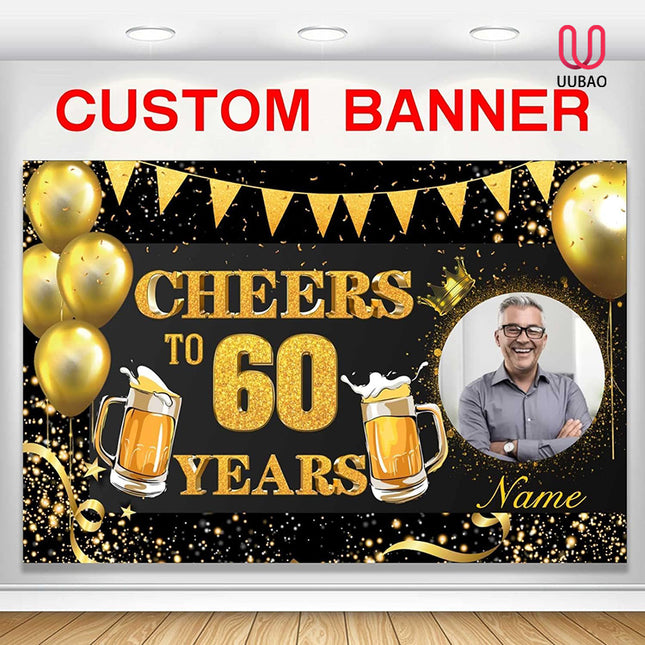 UUBAO Custom Black and Gold Happy Birthday Party Decorations Backdrop Banner