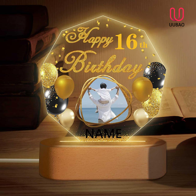 UUBAO Personalized Happy Birthday Night Light Gift with Photo Customized Acrylic Lamp for Her Mom Daughter Grandma Nana(Black and Gold)