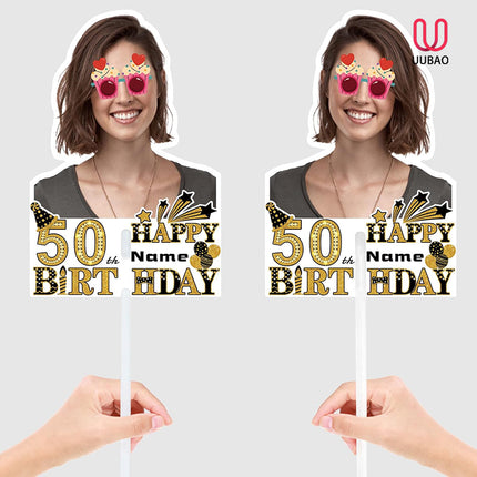 UUBAO Custom Happy Birthday Face Cutout Fans Personalized Photo Prop Signs for Birthday Party(Black and Gold)