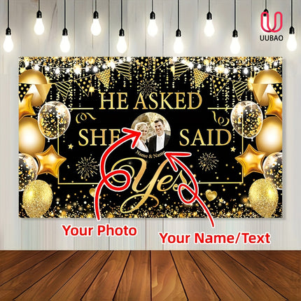 UUBAO Custom Black Gold Engagement Decorations Personalized Banner for Wedding Happy Engagement Party