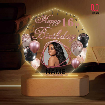 UUBAO Personalized Happy Birthday Night Light Gift with Photo Customized Acrylic Lamp for Her Mom Daughter Grandma Nana(Rose Gold Pink)