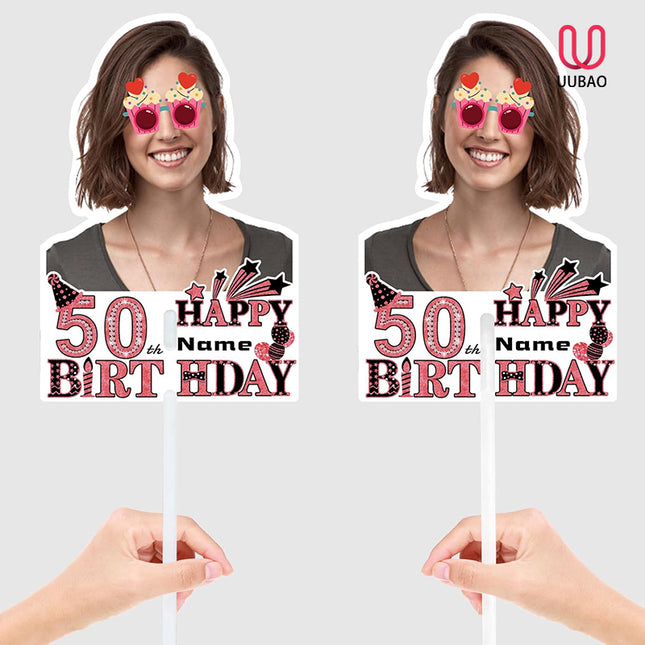 UUBAO Custom Happy Birthday Face Cutout Fans Personalized Photo Prop Signs for Birthday Party(Black and Rose Gold)
