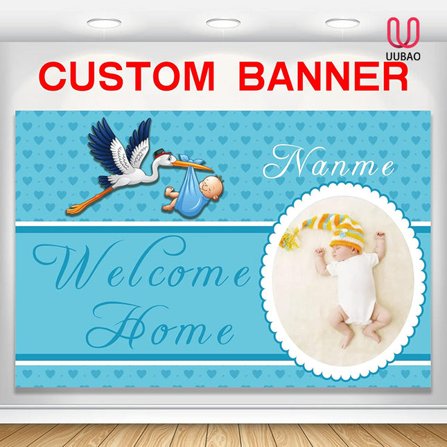 UUBAO Custom Welcome Home Baby Boy Garden Flag Baby Shower Birth Announcement Family Party Newborn Gender Reveal Lawn Yard Sign Pink Stork Outdoor Decoration Burlap Banner (Blue-Baby Boy)