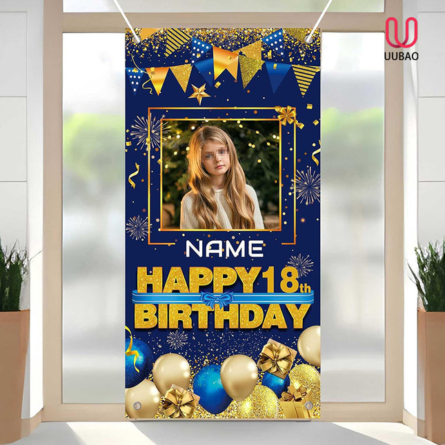 UUBAO Custom Happy Birthday Door Banner Backdrop Birthday Decorations Party Supplies for Women Men(Navy Blue)