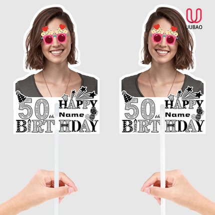 UUBAO Custom Happy Birthday Face Cutout Fans Personalized Photo Prop Signs for Birthday Party(Black and Silver)