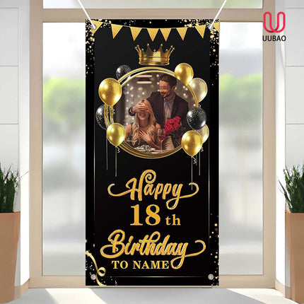 UUBAO Custom Happy Birthday Door Banner Backdrop Birthday Decorations Party Supplies for Women Men(Black and Gold)