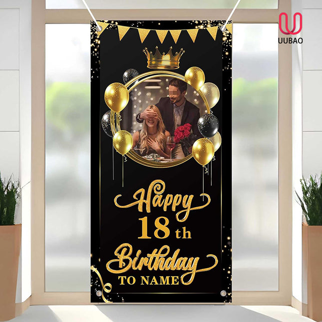UUBAO Custom Happy Birthday Door Banner Backdrop Birthday Decorations Party Supplies for Women Men(Black and Gold)