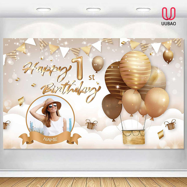 UUBAO Custom Beige Happy Birthday Banner Backdrop Large Party Indoor Outdoor Car Decoration Supplies for Girl Women