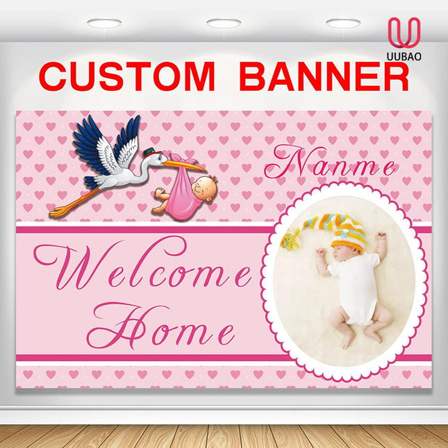 UUBAO Custom Welcome Home Baby Girl Garden Flag Shower Birth Announcement Family Party Newborn Gender Reveal Lawn Yard Sign Pink Stork Outdoor Decoration Burlap Banner Pink-Baby
