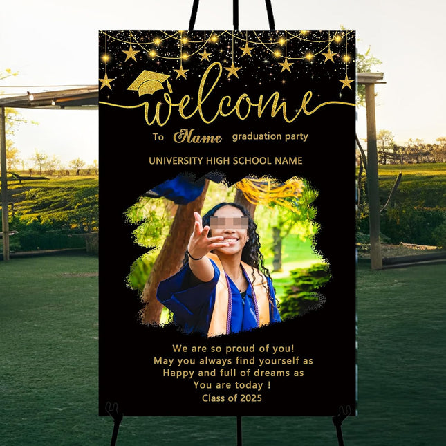 UUBAO Customized Welcome Sign for Graduation Party Personalized Acrylic Sign with Photo Name Class of 2025 Graduation Decor(Black and Gold)