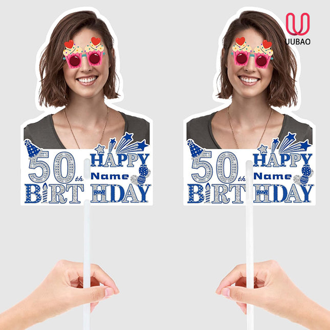 UUBAO Custom Happy Birthday Face Cutout Fans Personalized Photo Prop Signs for Birthday Party(Blue and Silver