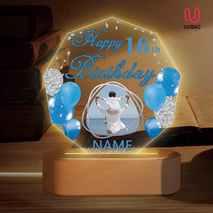 UUBAO Personalized Happy Birthday Night Light Gift with Photo Customized Acrylic Lamp for Her Mom Daughter Grandma Nana(Blue and Silver)