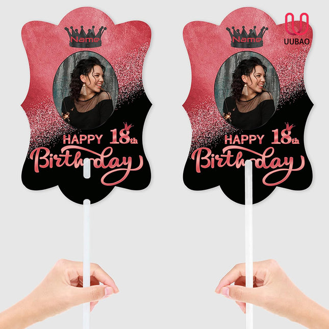 UUBAO Custom Happy Birthday Face Cutout Fans Personalized Photo Prop Signs for Birthday Party(Black and Rose Gold)