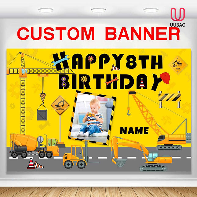 UUBAO Custom Construction Happy Birthday Party Decorations Supplies Personalized Excavator Crane Dump Truck Digger Backdrop Banner