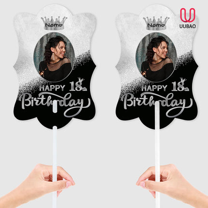UUBAO Custom Happy Birthday Face Cutout Fans Personalized Photo Prop Signs for Birthday Party(Black and Silver)
